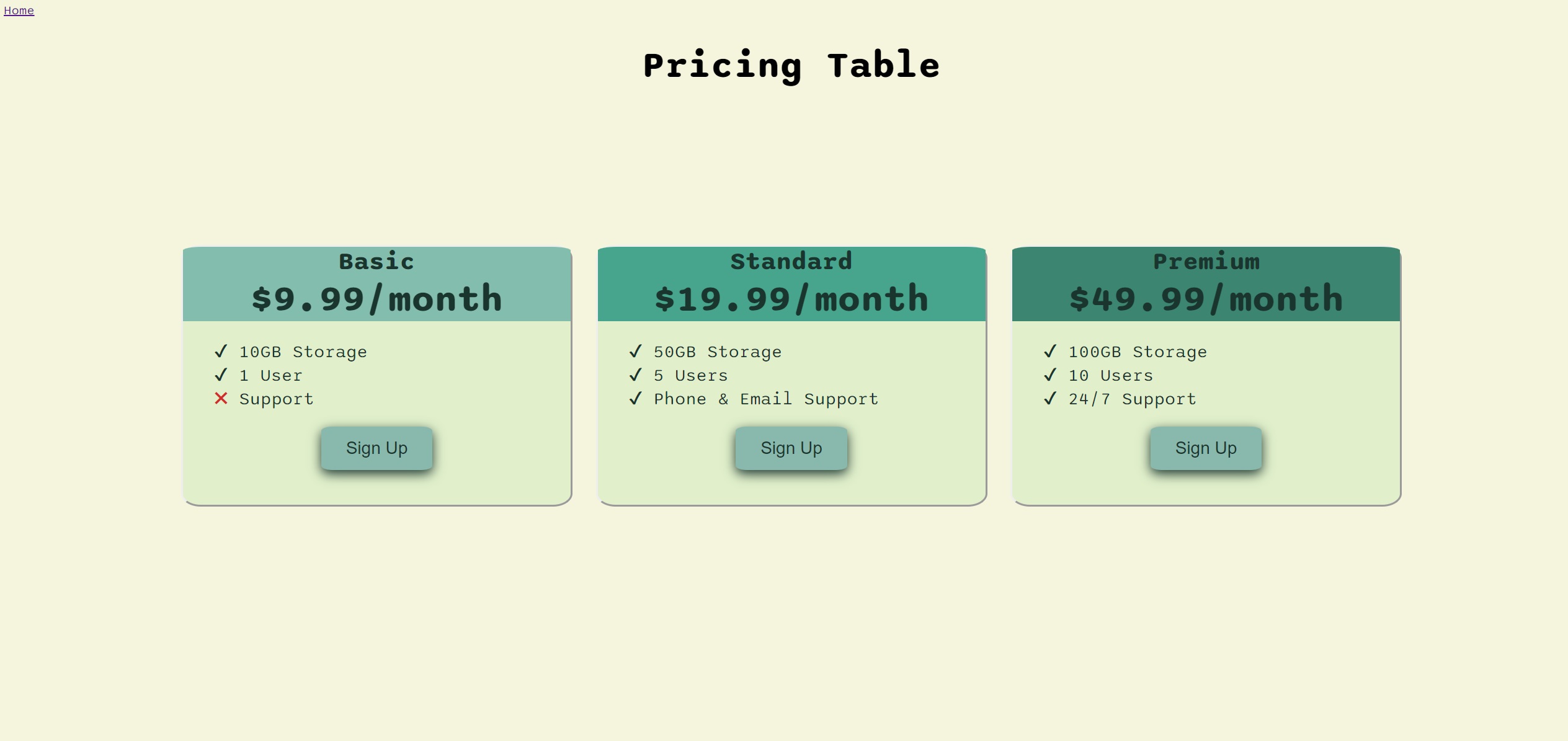 Price table project preview